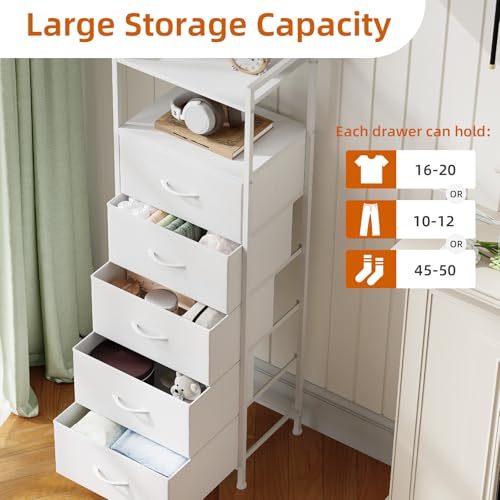 Somdot Tall Dresser for Bedroom, 5 Drawers Nightstand Vertical Storage Tower Unit, Night Stand Furniture with Fabric Drawer Organizer in Bedside Hallway, Entryway, Kids Room, Closet, White Leather - color: White Leather, size: 11.4"D x 15.2"W x 42.1"H (5