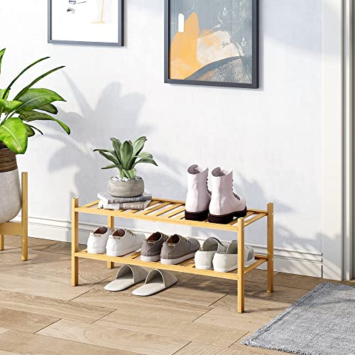 BMOSU 2-Tier Bamboo Shoe Rack Premium Stackable Shoe Shelf Storage Organizer for Hallway Closet Living Room Entryway Organizer (Natural Bamboo) - color: Natural Bamboo, size: 2-Tier（27*11*12.6inches）
