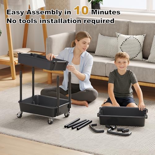 3 Tier Rolling Cart with Wheels, Black Plastic Three Tiered Shelf Organizer Carts on Lockable Wheels, Small Utility Storage Trolley for Diaper Caddy, Snack, Art, Cleaning Supplies, Kitchen, Bathroom - color: Black
