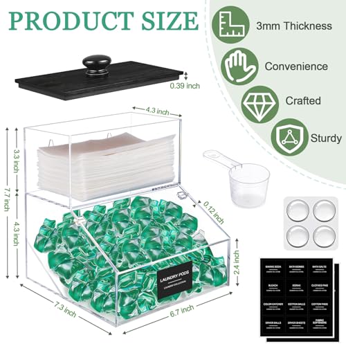 2 in 1 Dryer Sheet Holder & Laundry Pods Container, Laundry Detergent Organizer Container with Lid, Acrylic Laundry Room Organization Storage Containers with Labels, Dishwasher Pod Holder - color: Black - New 1