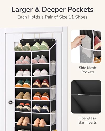 ULG Over The Door Shoe Organizer for Closet Fit 24-32 Pairs with Large Deep Pockets, Narrow Shoe Rack for Door Hanging Boots Storage, Black - color: Black, size: 10-Tier