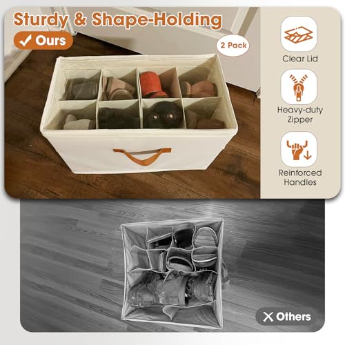 Shoe Organizer for Closet, 2-Pack Foldable Shoe Storage Box with Adjustable Dividers & Clear Cover, Fits 16 Pairs, Beige, Durable and Space-Saving - color: Beige, size: 2 Pack