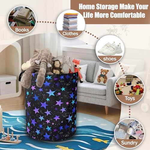 Neon Stars Laundry Basket,Rainbow Glittering Laundry Hamper Waterproof Oxford Cloth Tote Collapsible,Clothes Storage Bucket Decorative Toy Organizer For Bathroom Bedroom 16" x 20.8" - color: Neon Stars,Rainbow Glittering