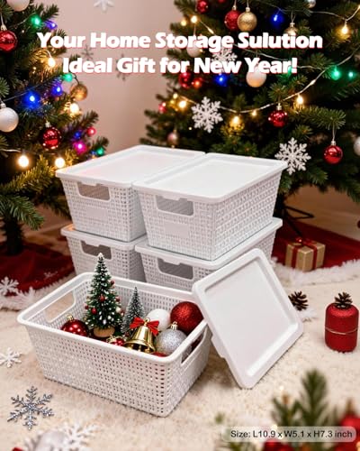 Plastic Storage Baskets with Lids [6-Pack] – Stackable Organizing Bins with Secure Snap-On Lids for Pantry, Bathroom & Closet | 11"x7"x5" Bins Hold 25lbs, Dustproof & Water-Resistant, White - color: White