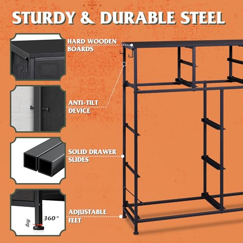 WLIVE Dresser for Bedroom with 10 Drawers, Fabric Dresser Chest of Drawers with Side Pockets and Hooks, Sturdy Metal Frame, Drawers Organizer Unit for Living Room, Hallway, Black - color: Black