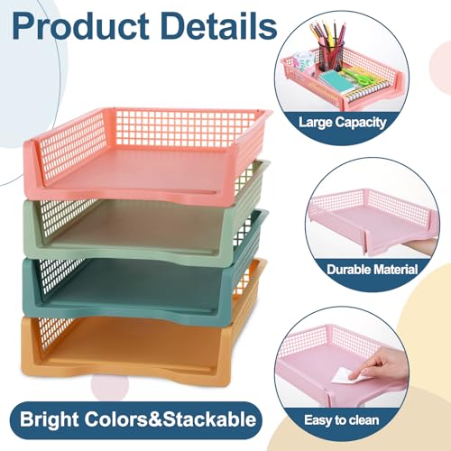 8 Pack Boho Plastic Turn in Paper Trays for Classroom Storage Bin Basket Organizers for School Teacher Supplies Classroom Office Home Organization Storage Tray Holds 4A Paper File Document