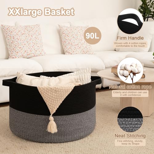 OIAHOMY 90L XXXLarge Blanket Basket for Living Room, 21.7" x 13.8" Woven Cotton Rope Laundry Basket for Organizing Pillows, Decorative Stuffed Animal Toy Storage Bin for Nursery, Black and Grey - color: Black and Grey, size: 21.7"D x 13.8"H