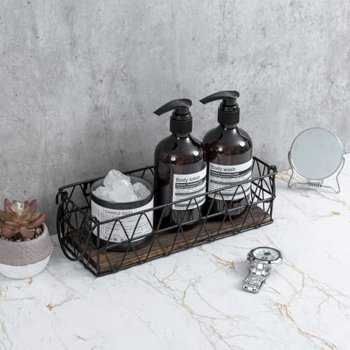 MyGift 2 Piece Wall Mounted Black Geometric Metal Nesting Storage Basket with Rustic Solid Burnt Wood Base, Small Tabletop Decorative Metal Wire Bins with Handles - color: Black