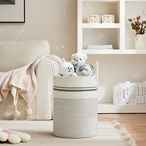 VIPOSCO Large Laundry Hamper, Tall Woven Rope Storage Basket for Blanket, Toys, Dirty Clothes in Living Room, Bathroom, Bedroom - 58L Stripe White - color: Stripe White, size: 58L