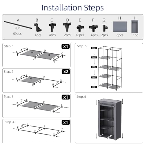 Portable Closet, Wardrobe Closet with 6 Storage Shelves and 2 Hanging Rods, Non-Woven Fabric Cover, 34.6 x 17.7 x 66.1 Inches Closet Organizer for Bedroom, Gray - size: Medium