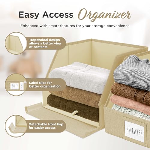 VIVIDECOR Open Front Closet Storage Bins 12x12x10 – Trapezoid Shelf Organizer, Easy Access Fabric Baskets for Clothes, Towels – Beige, 3 Pack - color: Beige