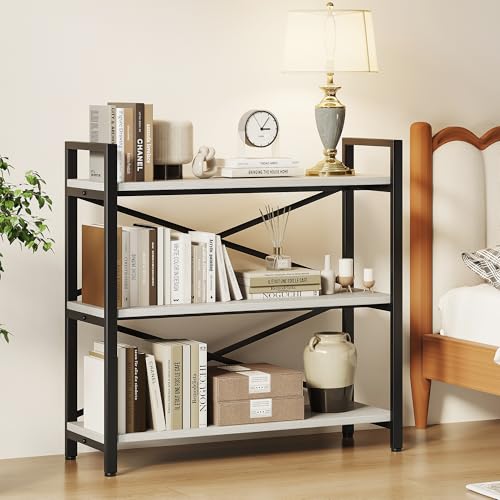 Homeiju 3 Tier Bookshelf 31.49" Width, Wood and Metal Etagere Bookcase, Vintage Farmhouse Modern Wooden Big Book Shelf for Home Living Room Bedroom Office Storage(White) - color: White, size: 3 Tier - 31.5" W