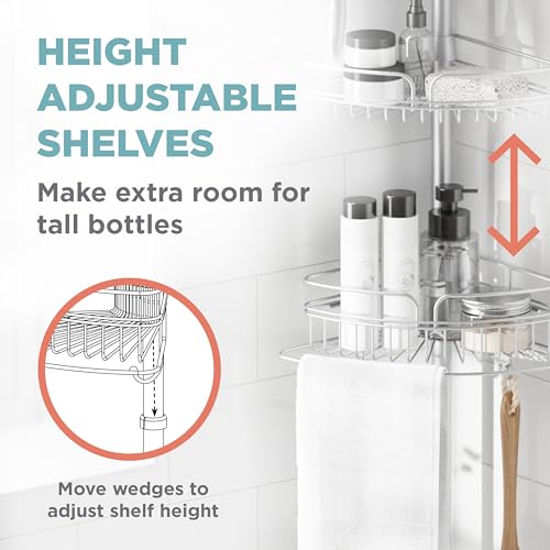 Zenna Home Tension Pole Shower Caddy Corner Organizer, Adjustable Standing Shower Caddy with 4 Baskets and Built in Towel Bar, Rust Resistant Bathroom Tension Rod Organizer, 60 to 97 Inch, Chrome - color: Chrome