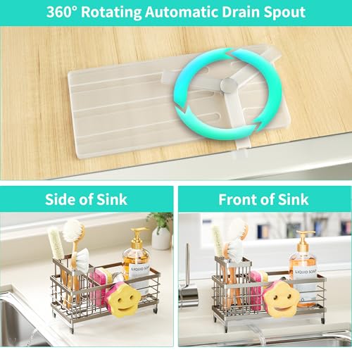 HapiRm Sink Caddy Sponge Holder - Self-draining Kitchen Sink Organizer with Smiley Face and Brush Holder, Stainless Steel Kitchen Organizer for Countertop - Brushed Nickel - color: Brushed Nickel, size: Twin