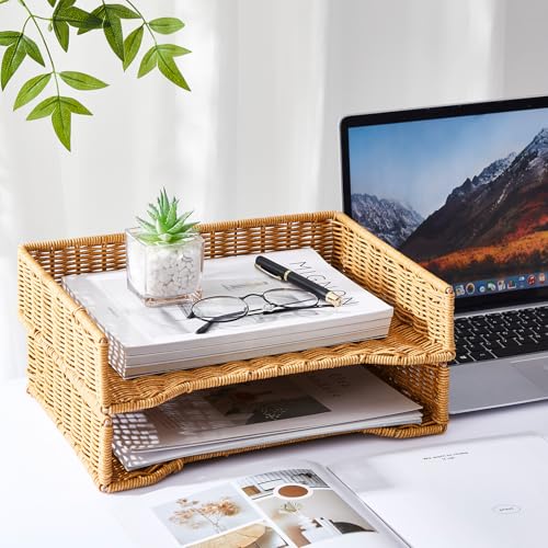 Yeaqee 2 Pcs Paper Tray Organizer for Desk Woven Letter File Organizer A4 File Tray Desk Paper Basket Letter Size Imitation Rattan Holder Organization Rack for Office Storage(Brown,Wheat Ear Pattern) - style: Wheat Stripes