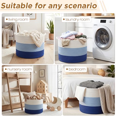 XXXXL 125L Extra Large Blanket Basket, 23.6" x 16.9" Jumbo Woven Cotton Rope Storage Basket with Handles, Laundry Hamper, Toy Storage for Living & Play Room(White, Blue & Dark Blue) - color: White, Blue & Dark Blue