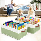 3 Pack Large Capacity Storage Bins Closet Organizer for Shelves, Fabric Closet Storage Baskets Boxes with Leather Handles for Organizing Clothes, Sheets, Jeans, Toys, Books (Green) - style: 3 Pack Green & White