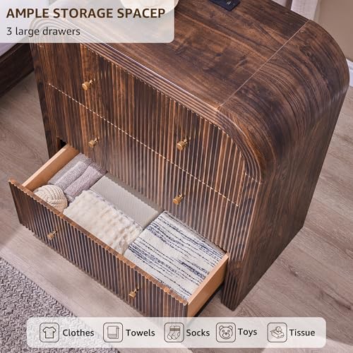 T4TREAM Fluted Dresser with 3 Drawers, 32" Tall Modern Chest of Drawers with Thickened Curved Profile Design, Wood Closet Clothes Storage Organizer for Bedroom, Living Room, Hallway, Dark Walnut - color: Dark Walnut, size: 15.7"D x 30"W x 32"H (3 Drawers)