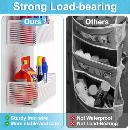 Hongtamoya Adjustable Over The Door Organizer, Hanging Door Storage with PVC Pocket and 4 Metal Baskets Wall Mount, Closet Door Organizer Behind Door Rack for Bathroom Bedroom Closet, White - color: White