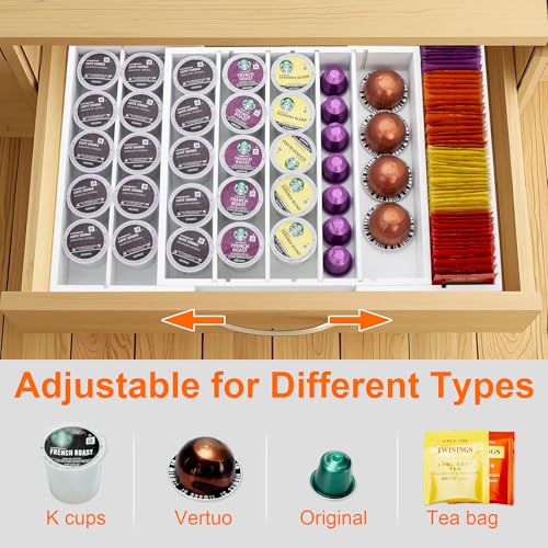 MinBoo Bamboo Drawer Organizer - Expandable K Cup & Pods Holder, Coffee Pod Storage, Tea Organizer, Versatile Kitchen Accessory Organization and Storage,White - color: White