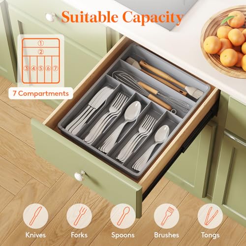 Lifewit Silverware Drawer Organizer Tray, Plastic Cutlery Storage for Kitchen, Flatware and Utensil Holder Divider for Spoons Forks Knives Tableware, 12.3 x 16", 7 Slots, Gray - color: Gray, size: 12.3 x 16 inch (7 Slots)