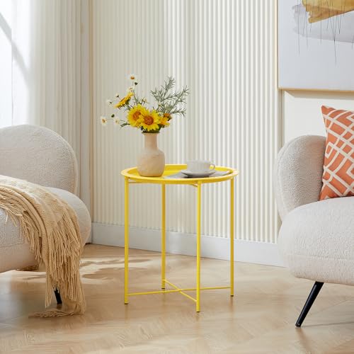 VECELO Side/End Table, Folding Round Metal Anti-Rust and Waterproof Outdoor or Indoor Tray for Living Room Bedroom Balcony and Office, 2 PCS, Yellow - color: Yellow, size: 2 PCS