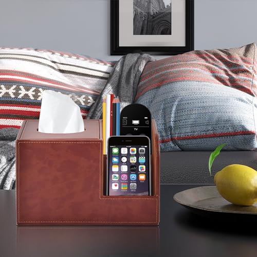 PU Leather Square Tissue Box Cover,Multifunctional Tissue Box Holder,Tissue Box with Storage,Tissue and Remote Control Holder,Tissue Box Decorative Desk Organizer for Home&Office,Brown - color: Brown