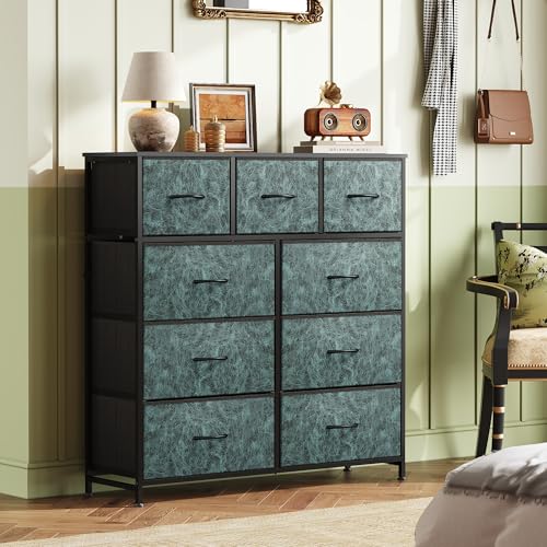 WLIVE 9 Drawer Dresser, Fabric Storage Tower for Bedroom, Hallway, Closet, Tall Chest Organizer Unit for Bedroom with Fabric Bins, Steel Frame, Wood Top, Easy Pull Handle, Vintage Green - color: Turquoise