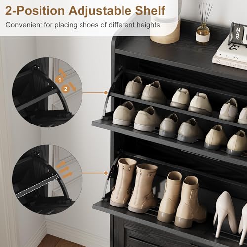 IDEALHOSUE Shoe Cabinet Storage for Entryway, Slim Shoe Storage Cabinet with 3 Flip Drawers, Freestanding Hidden Narrow Shoe Organizer Cabinet with Hooks for Entrance, Foyer, Hallay, Black - color: Black, size: 3-Drawers