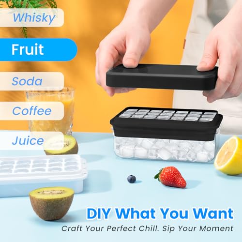 PHINOX Ice Cube Tray with Lid and Bin, 3 Pack Plastic Ice Cube Tray Molds, 84 pcs Ice Trays for freezer, Chilling Drinks, Whiskey & Cocktails, with Ice Container and Ice Scoop, BPA-Free - color: Black, size: 0.8"-3tier