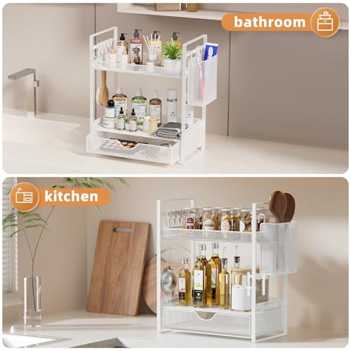 VITVITI 2 Tier Bathroom Organizer Countertop with Drawer, Metal Mesh Bathroom Counter Vanity Organizer Storage, Bath Room Shelf Sink Kitchen Spice Rack with Basket Hooks, White - color: White