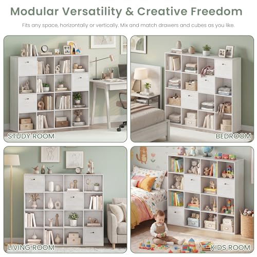 16 Cube Storage Organizer, Washed White Bookcase with 2 Fabric Drawers, Freestanding Book Shelf Set for Bedroom Living Room, Office Cubby Shelves, Display Rack with Open Shelves, 47” Wide Set of 2 - color: Washed White, size: 16 Cube (2PC)