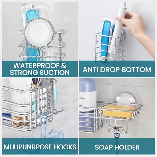 TAILI Shower Caddy Suction Cup, 3 Pack Shelves for Inside with Hooks & Soap holder Toothbrush Cups, Removable Bathroom Organizer, Rustproof Silver Holder Storage-Silver - style: 3×Silver