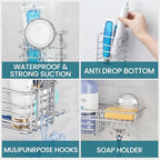 TAILI Shower Caddy Suction Cup, 3 Pack Shelves for Inside with Hooks & Soap holder Toothbrush Cups, Removable Bathroom Organizer, Rustproof Silver Holder Storage-Silver - style: 3×Silver