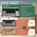 Extra Large Silverware Organizer, 9 Slot Expandable Kitchen Drawer Organizer, Utensil Holder, Heavy Duty Stainless Steel Frame Silverware Drawer Organizer, 8 Non-Slip Feet Included, BPA Free, Black - color: Black