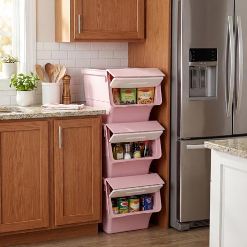 Giantex Plastic Stackable Storage Bins with Lids & Wheels, 6 Pack Open Front Stacking Bins, Organizer Bins for Pantry, Kitchen, Laundry, Closet, Playroom, Bedroom Organization (35 QT) - color: White + Pink, size: 6 Pack, 35 QT