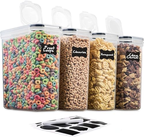 4 Pack Airtight Cereal & Dry Food Storage Container - BPA Free Plastic Kitchen and Pantry Organization Canisters for, Flour, Sugar, Rice, Nuts, Snacks, Pet Food & More (4L, 16.9 Cup, 135.5 Ounce
