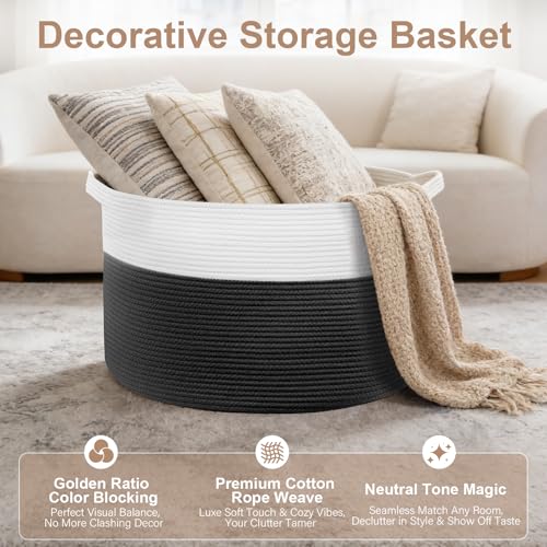 XXL Large Laundry Basket, 90L Soft Cotton Rope Basket, Blanket Storage and Organizers, Baby Nursery Laundry Hamper, Extra Large Toys Storage Bins for Kids 23'' x 13'', White & Black - color: Black & White, size: 90L