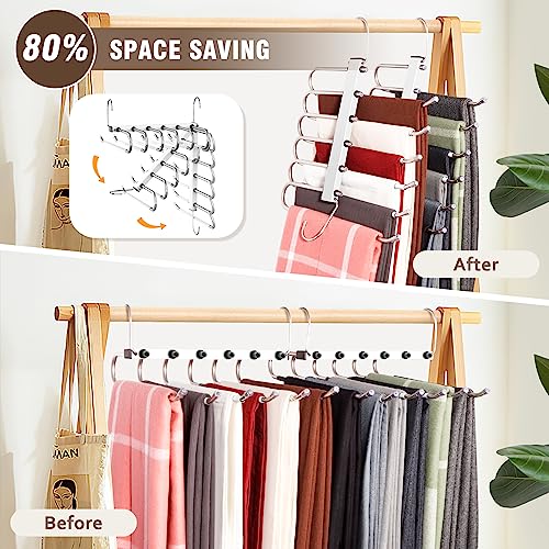 HUITEM Space Saving 6 Tier Pant Hangers, Anti-Slip, Lightweight, Stainless Steel, 2 Pack, White - color: White, size: 2 Pack