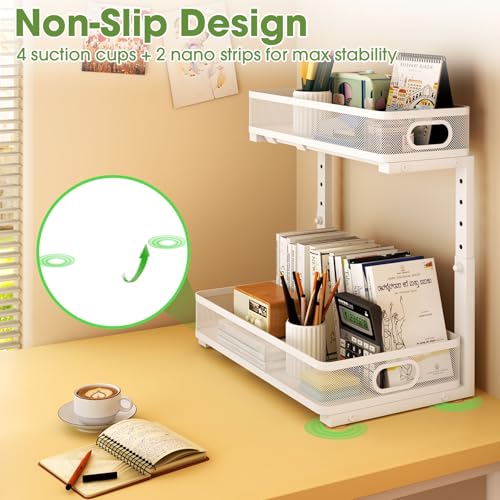 Under Sink Organizer 4-Pack, Metal 2-Tier Pull-Out Cabinet Shelf with Slide-Out Mesh Drawers, Height Adjustable, Space-Saving Storage Racks for Kitchen, Bathroom, Laundry Room, White - color: White-4 Pack