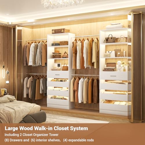 Aheaplus Closet System, 6-15Ft Closet Organizer with 8 Wooden Drawers, Wood Closet Organizer System with Tower, Walk-in Closet Organizer Wardrobe Clothes Rack with 4 Hanging Rods, Garment Rack, White - color: White