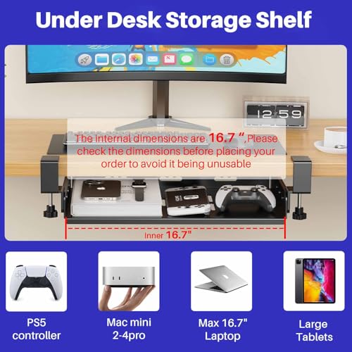 No Drill Under Desk Laptop Mount, Metal Under Desk Storage Shelf with Cable Management, Laptop Storage Tray for MacBook, Keyboard, Mac Mini, Anti-Scratch Silicone, Fits Office, Gaming, Workstations - color: Black