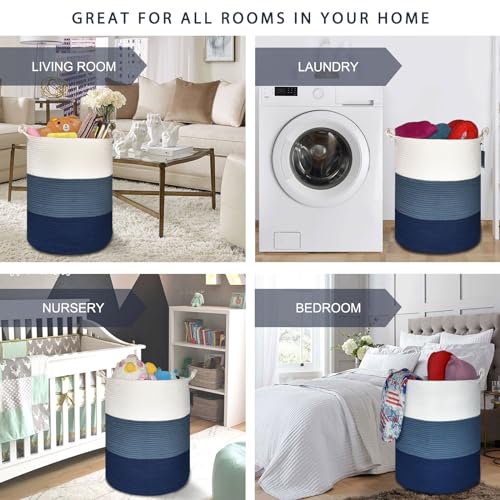COMSE Extra Large Blanket Basket, Tall Woven Storage Basket, Nursery Hamper, 15.7”x 21.7”, Cotton Rope Laundry Hamper for Toys Clothes Towels, White/Cadet Blue/Navy Blue - color: White & Cadet Blue & Navy Blue