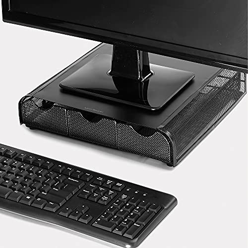 Mind Reader Monitor Stand, Ventilated Laptop Riser, Desktop Organizer, Storage, Metal Mesh, 13.25"L x 12.5"W x 3"H, Black