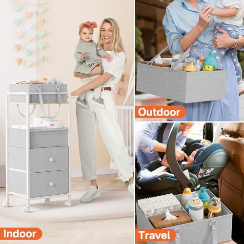 Modanais Baby Diaper Caddy Organizer Cart with Drawers - 3In1 Rolling Storage Cart with Wheels, Removable Diaper Caddy, Detachable Dividers - for Crib, Bedroom, Art & Craft Organizer (Light Gray) - color: Light Gray