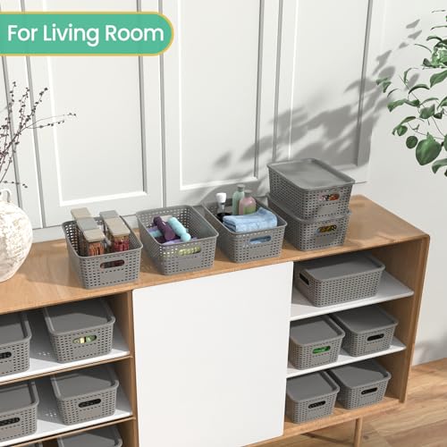 Plastic Storage Baskets with Lid-Plastic Storage Containers Stackable Storage bins: Storage Baskets for Organizing Shelves Drawers Desktop Closet Playroom Classroom Office,8 Pack-Gray10.2x7.2x4.1Inch - color: Gray