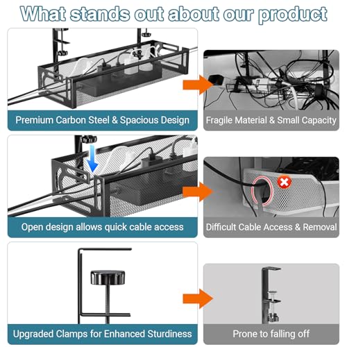 No Drill Under Desk Cable Management Tray, SONATURE 15.7" Cord Organizer for Table, Clamp Mount Desk Cable Management, Premium Carbon Steel Cable Organizer for Office, Home (Black) - color: Black, size: 15.7 inchs