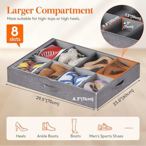 Lifewit Under Bed Shoe Storage Organizer Fits 8 Pair Sneakers, 4.3 Inches Tall Sturdy Structure Ultra Thick Fabic Sneaker Storage, Foldable Underbed Shoe Boxes for Heels, Boots, Sports Shoes 3 Pack - size: 50L