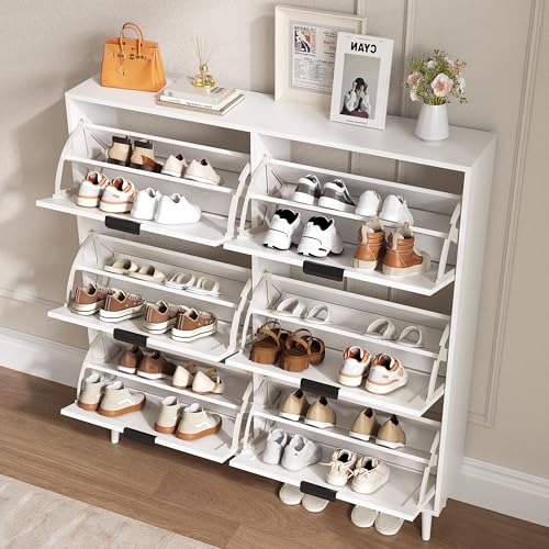 BORNOON Shoe Cabinet for Entryway with 6 Flip Drawers, Slim Wooden Shoe Storage Organizer with Modern Fluted Pannel，Freestanding Narrow Hidden Shoe Rack for Hallway, Foyer, Living Room - color: White, size: 6 Flip Drawers