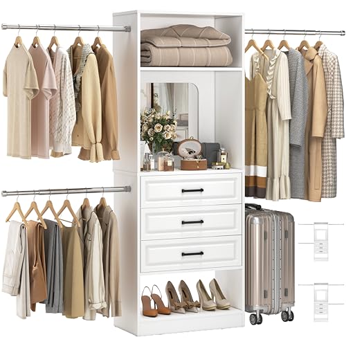 Unikito 48" W - 96” W Closet System with Mirror, 8FT Walk in Closet Organizer Kits with Drawers and 3 Extendable Hanging Rod, Sturdy Wood Clothing Garment Rack with 25” Tower, Max Load 1000 LBS, White - color: White